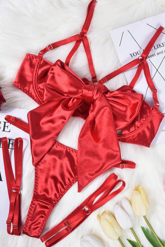 Red Lingerie Set Satin Bow Strappy Garter Dames