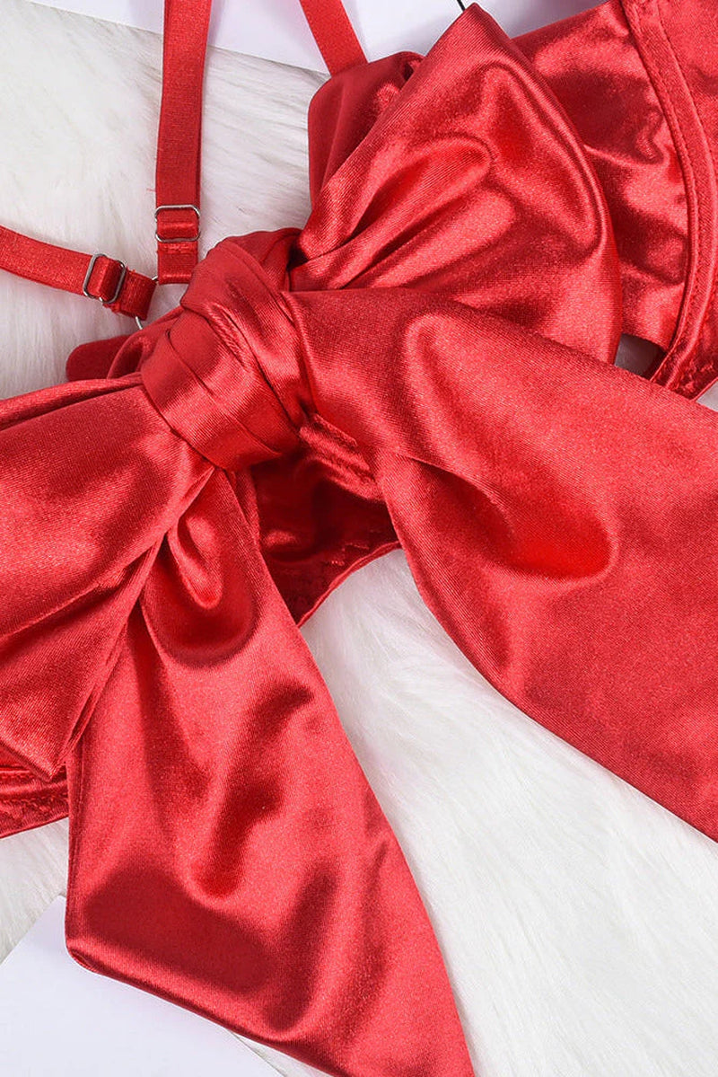 Red Lingerie Set Satin Bow Strappy Garter Dames
