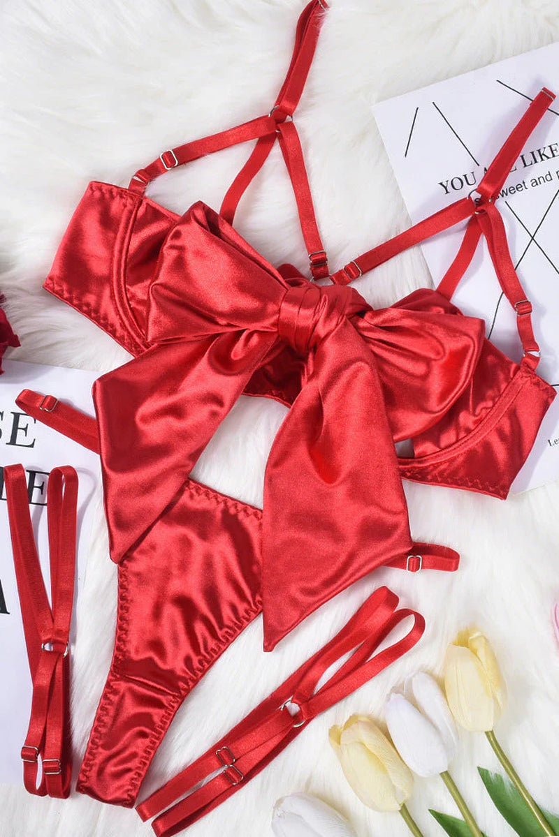 Red Lingerie Set Satin Bow Strappy Garter Dames
