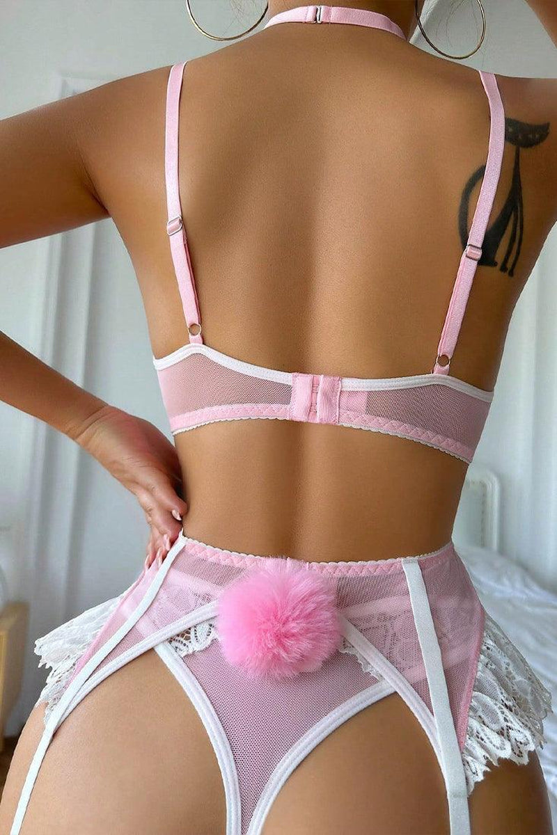 Pink White Lingerie Set Lace Mesh Choker Garter Dames